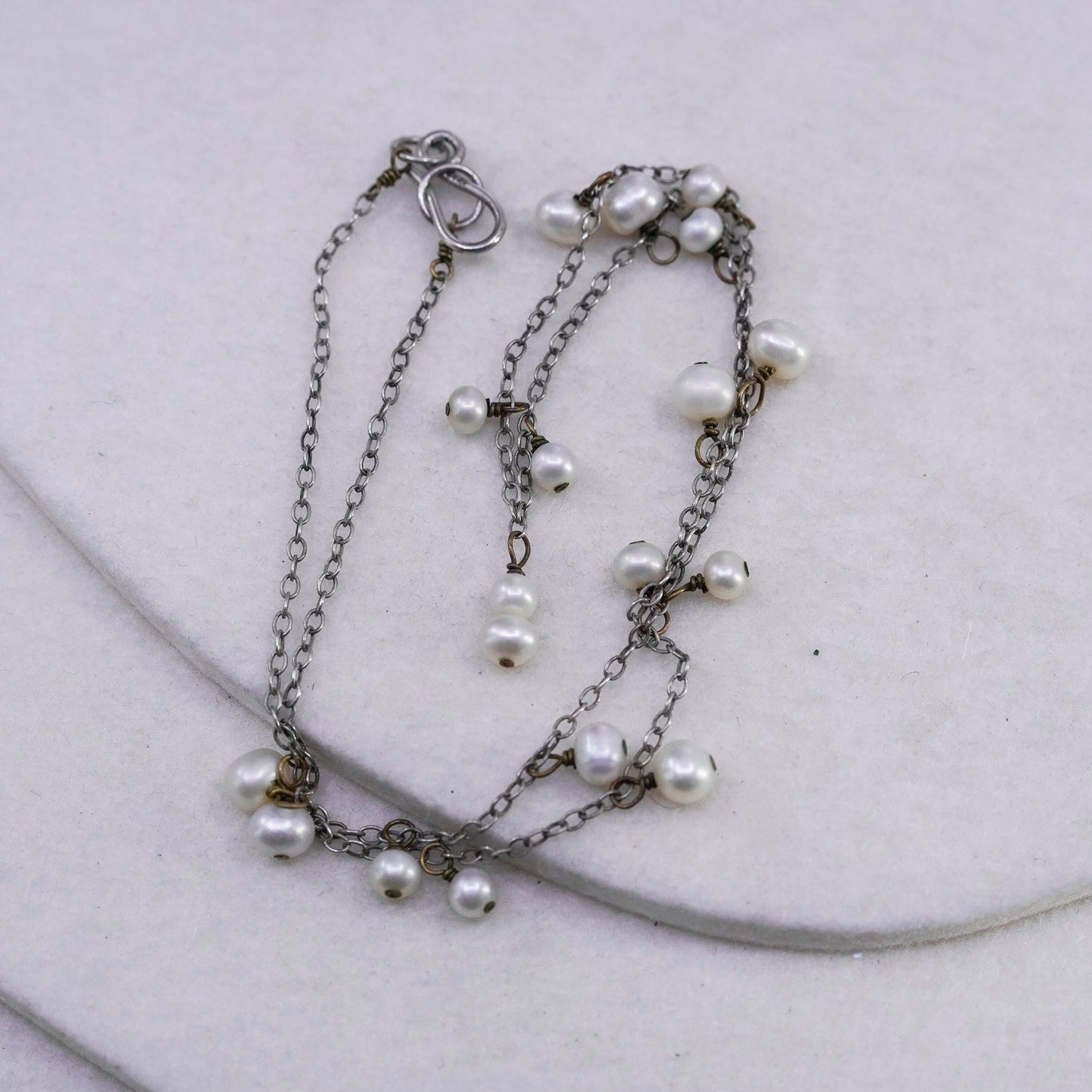 18”, vintage Sterling 925 silver handmade circle necklace with pearl beads