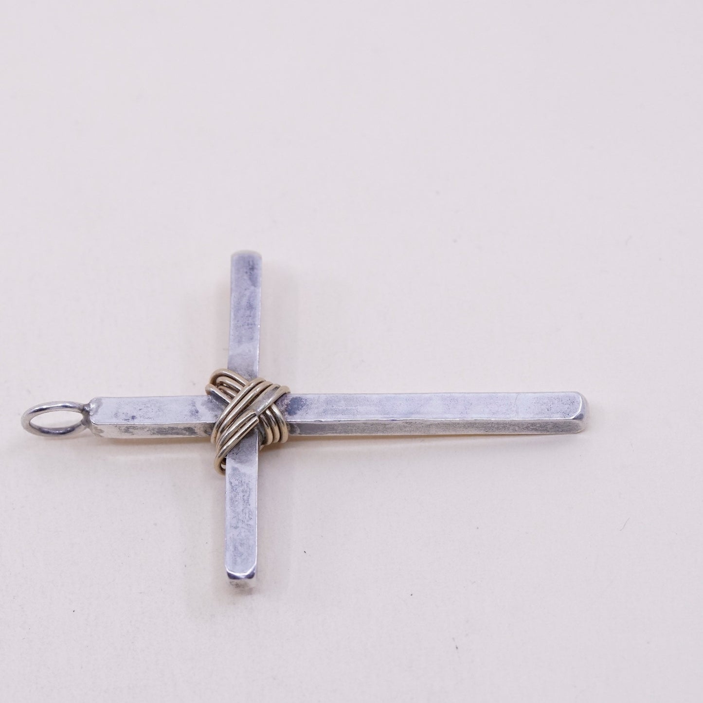 Vintage handmade Sterling silver pendant, 925 cross with brass wired
