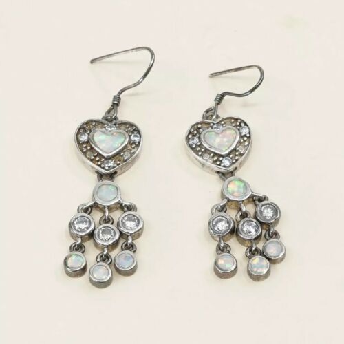 Sterling Silver Handmade Earrings, 925 Silver Heart W/ Opal & Marcasite