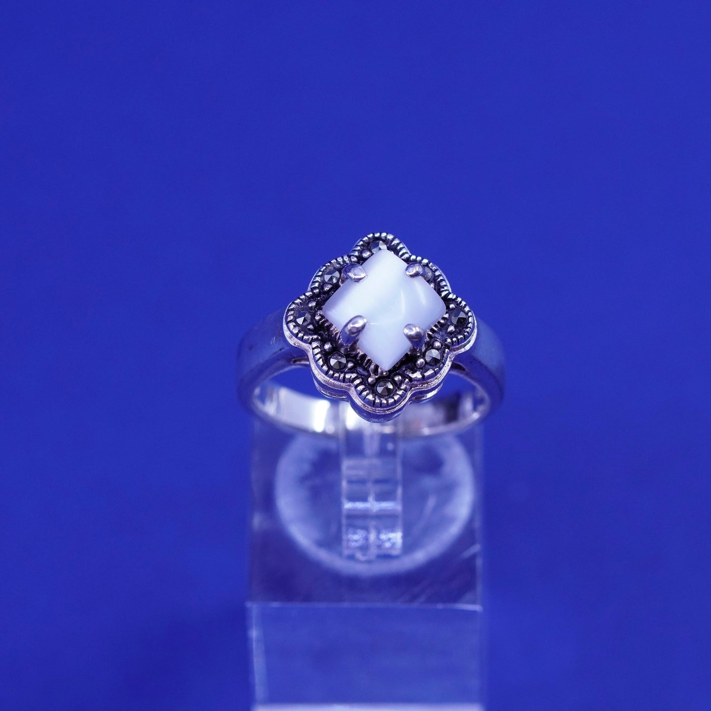 Size 8.25, Sterling 925 silver handmade ring with moonstone and marcasite