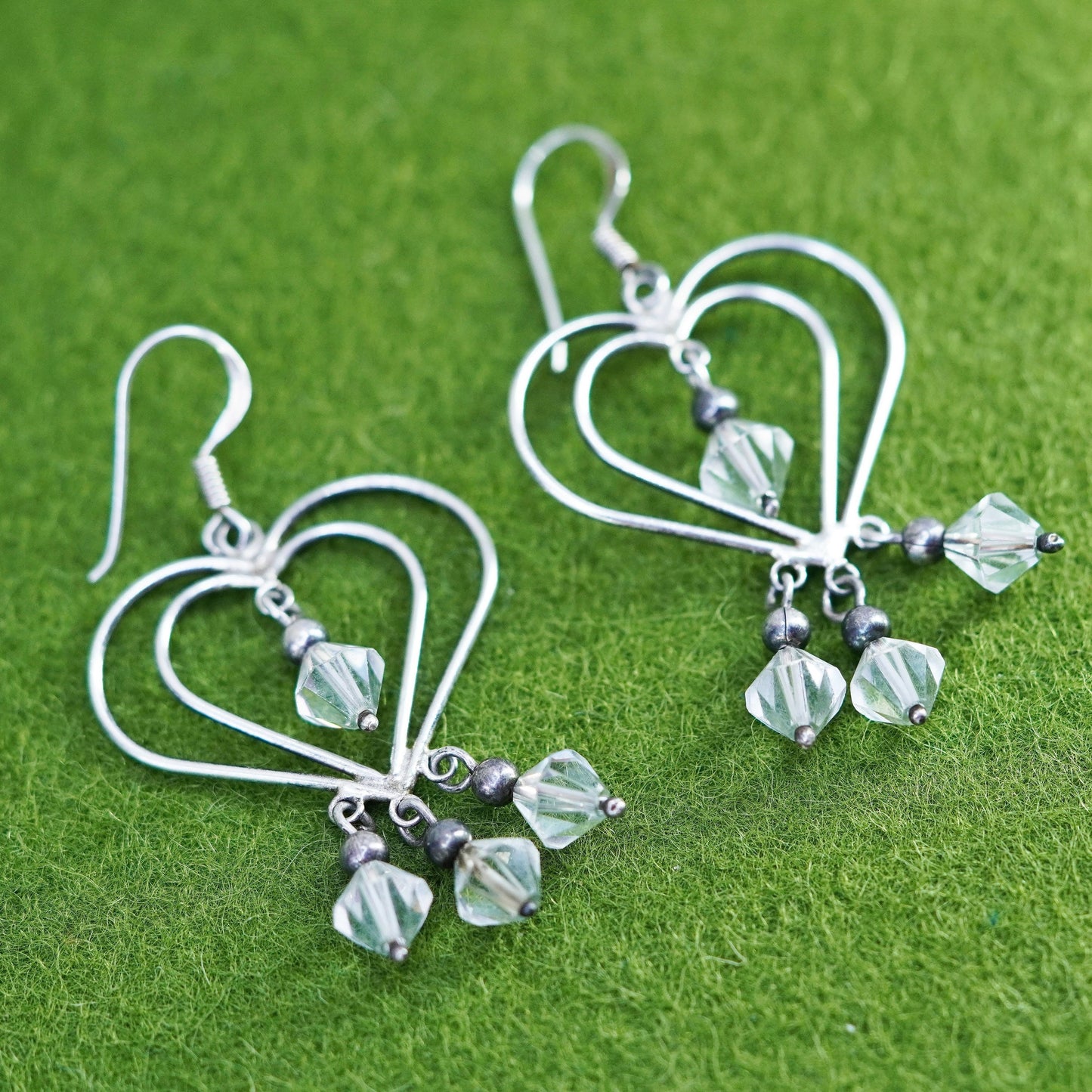 Vintage sterling silver handmade earrings, 925 heart with clear crystal