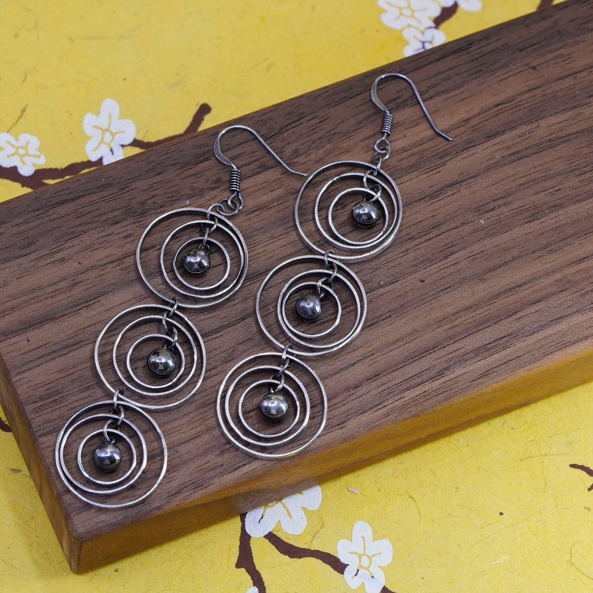 Vintage Sterling silver handmade earrings, 925 long circles dangle with beads