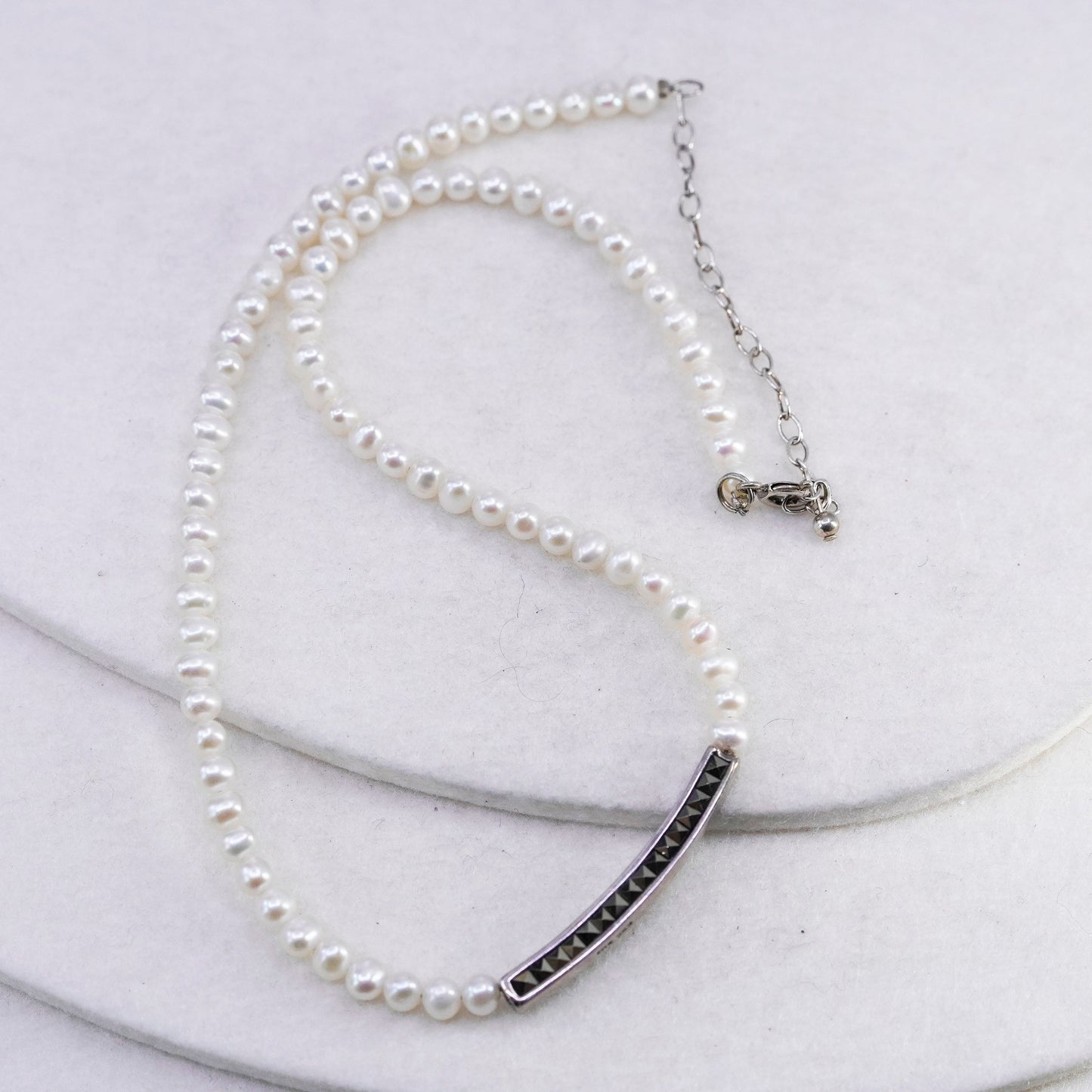 14+2”, Sterling 925 silver handmade pearl tennis necklace Marcasite bar pendant