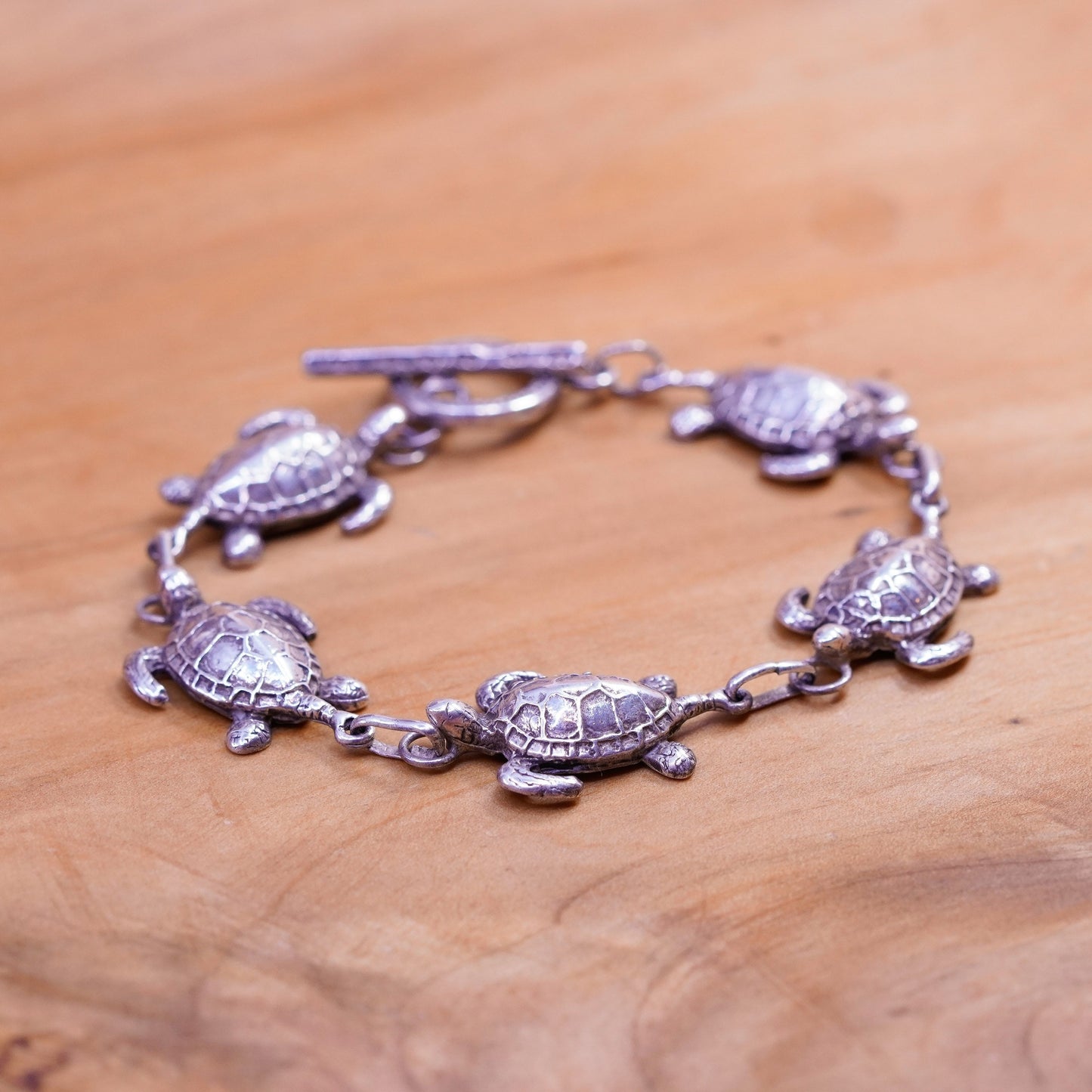 7”, vintage Sterling silver handmade bracelet, 925 turtle chain toggle closure