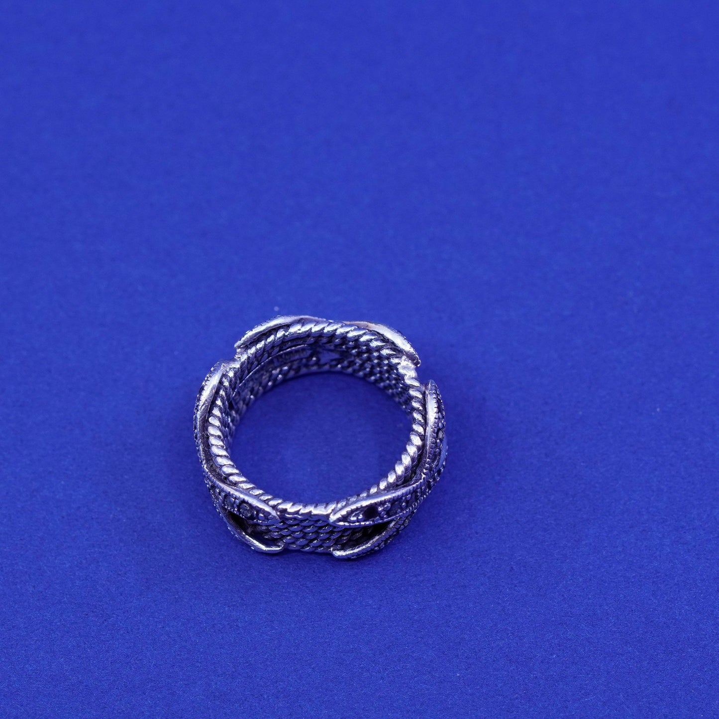 Size 5.25, vtg Sterling silver handmade ring, 925 X cross band with marcasite