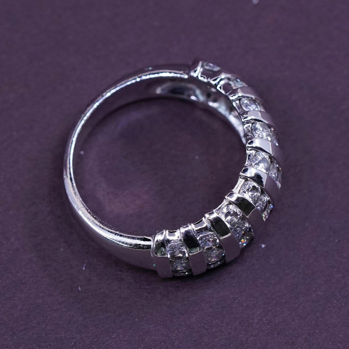 sz 5.75, vtg Sterling silver handmade ring, modern 925 band w/ cz