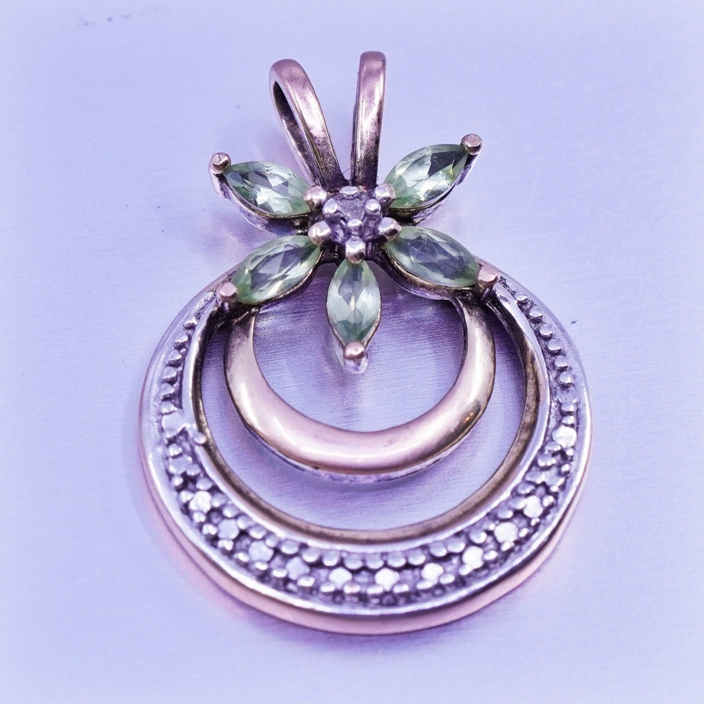 antique vermeil gold over sterling 925 silver circle pendant peridot diamond