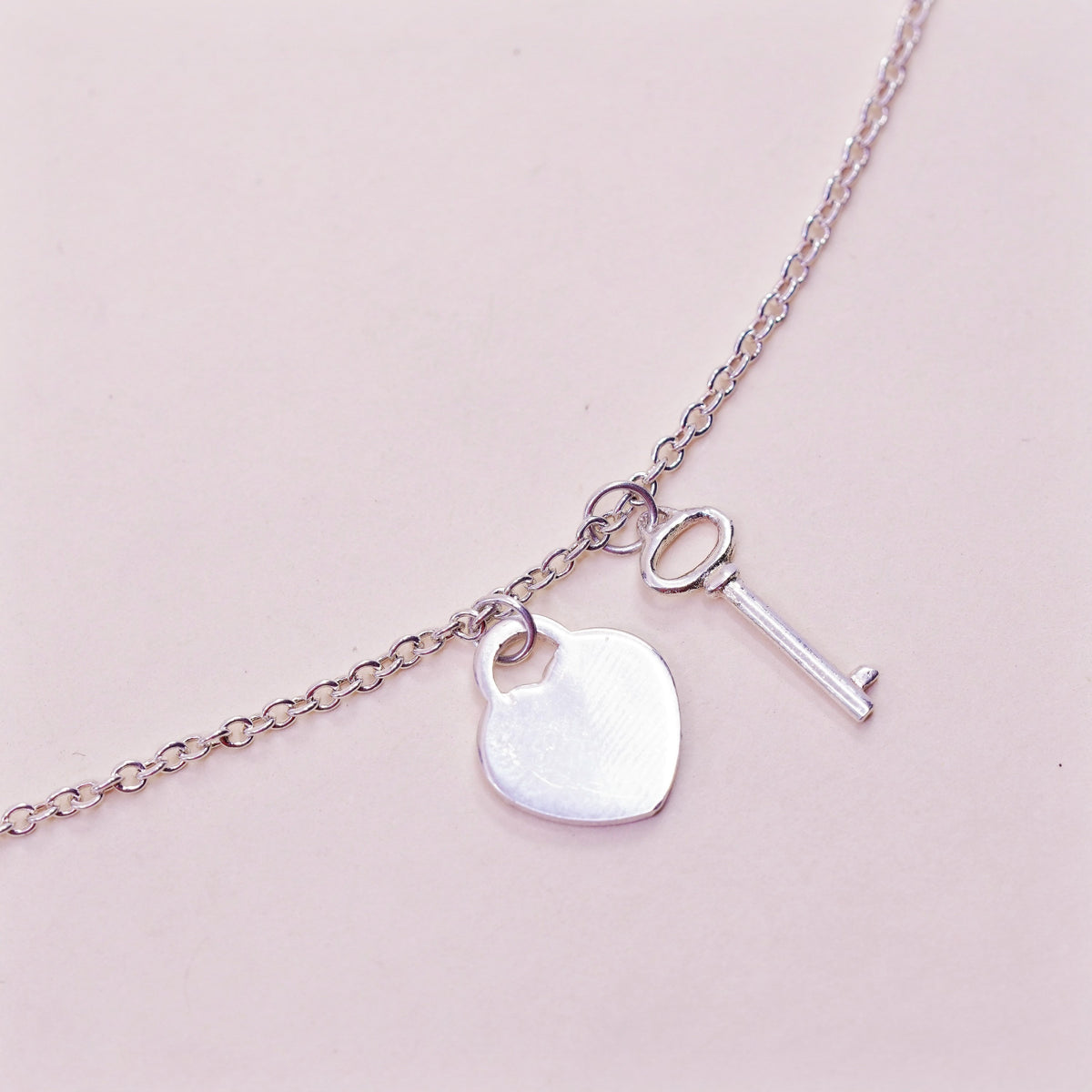 16”, vtg sterling silver handmade necklace, 925 circle chain heart key Pendant