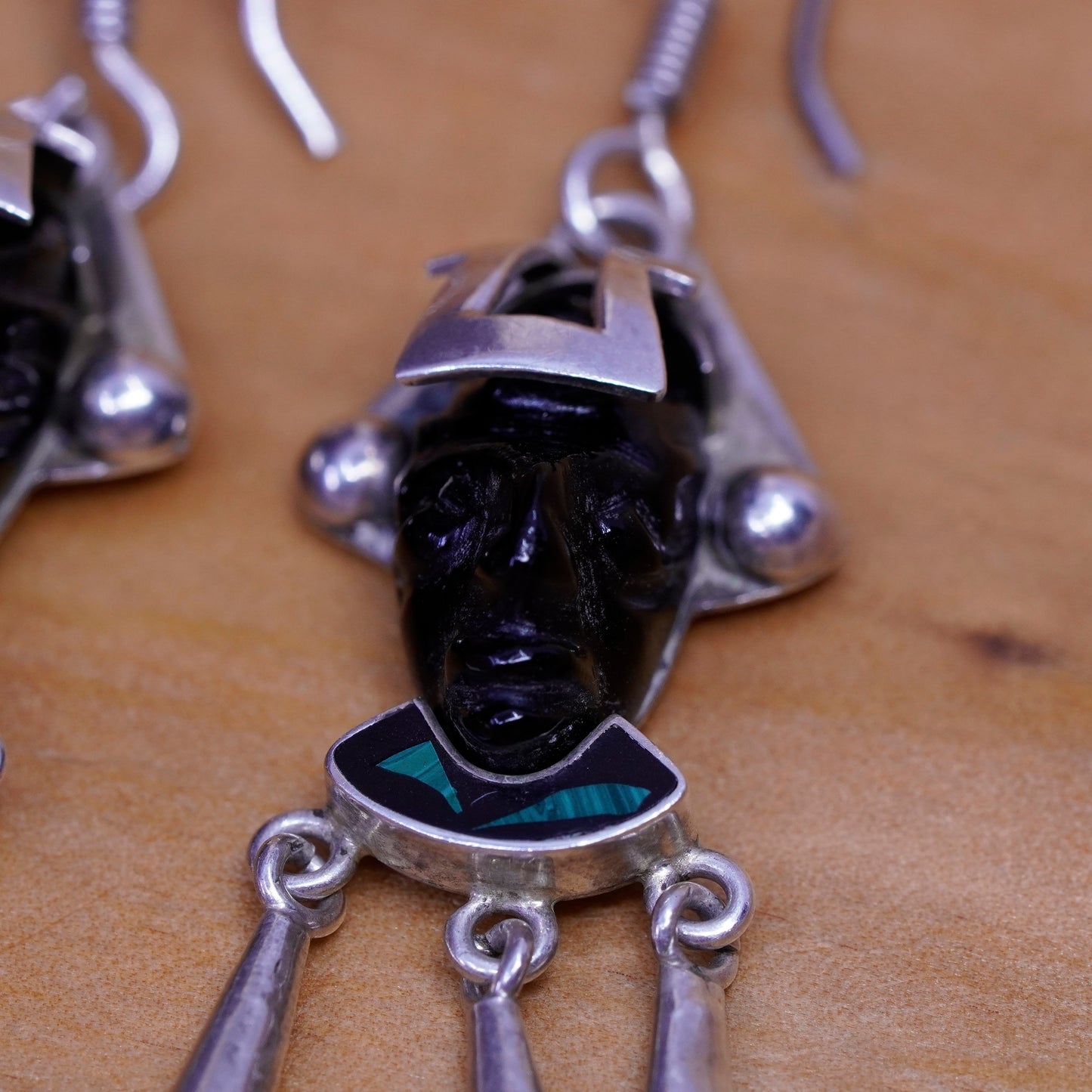 Vintage Sterling 925 silver handmade earrings worrier obsidian teardrop dangles