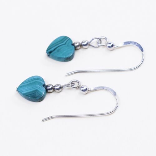 Vintage mexico Sterling silver earrings, 925 Hooks with Heart malachite