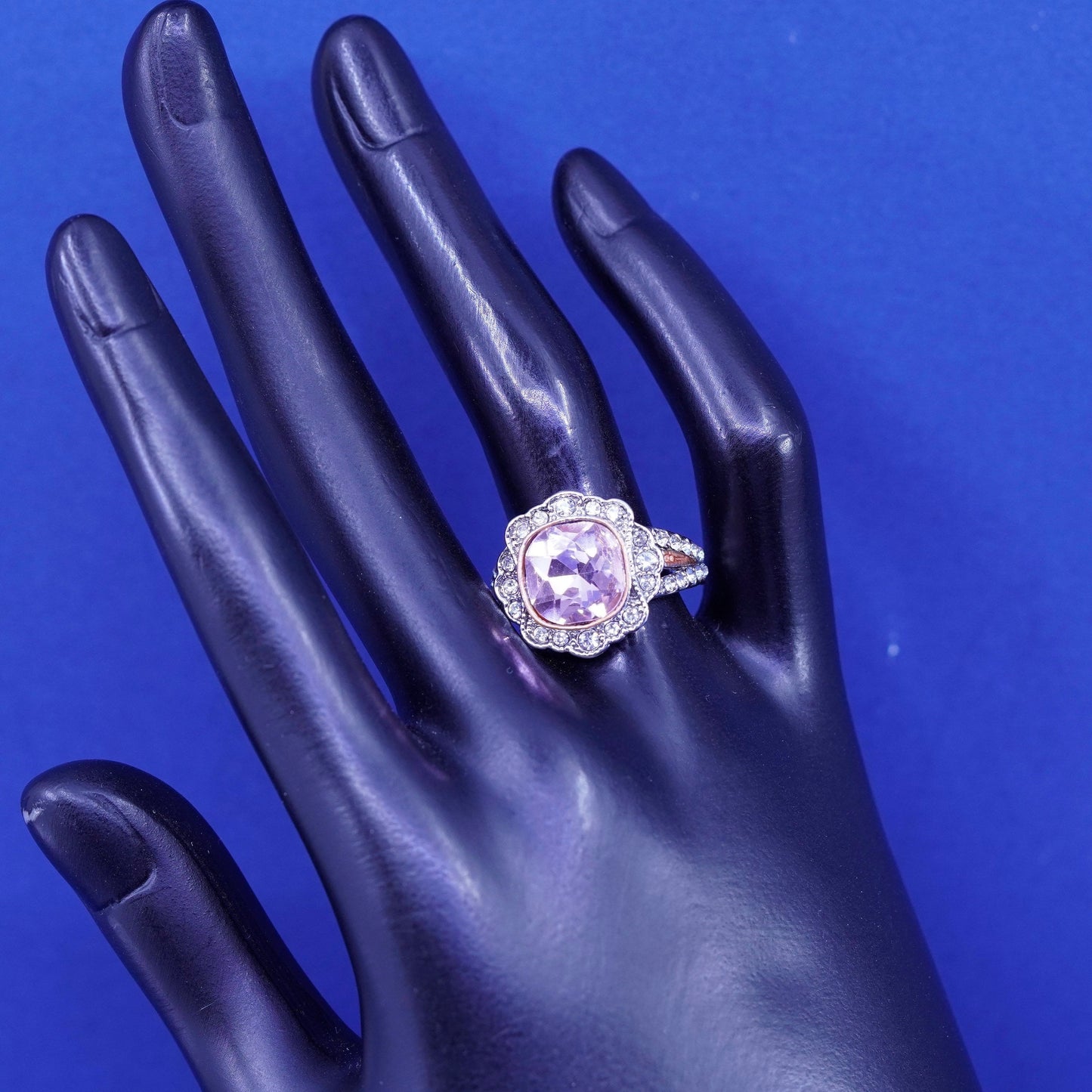 Size 7.75, vintage Sterling 925 silver handmade statement ring pink crystal