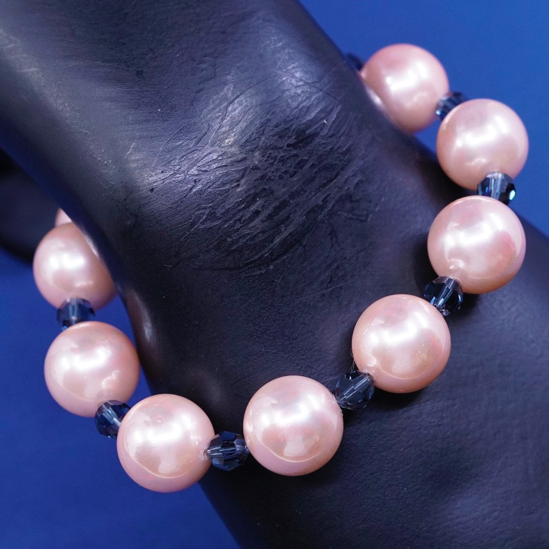 8.25", sterling silver handmade bracelet, pink pearl beads N 925 heart toggle