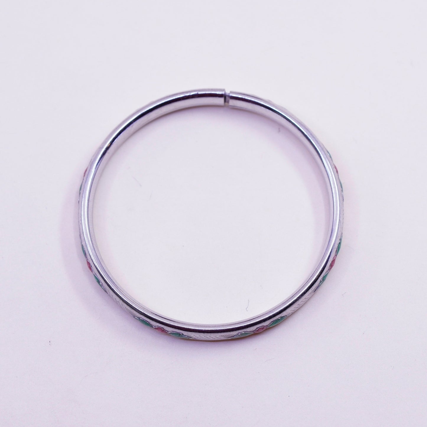 Size 5.25”, Sterling silver baby bracelet, Mexico 925 bangle enamel flower