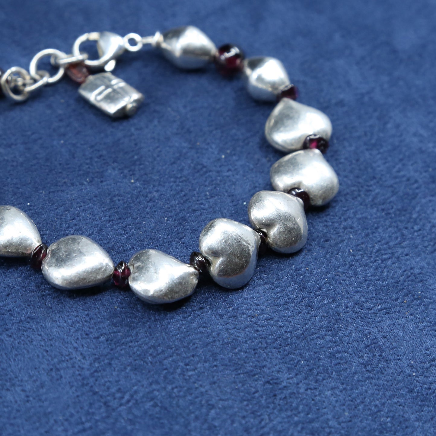 6.75", vtg Sterling silver handmade bracelet, 925 heart beads w/ cross charm