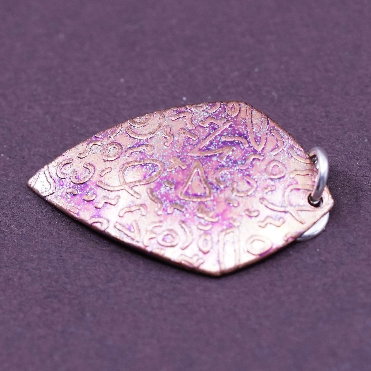 Vintage handmade textured copper tag with sterling 925 silver tornado