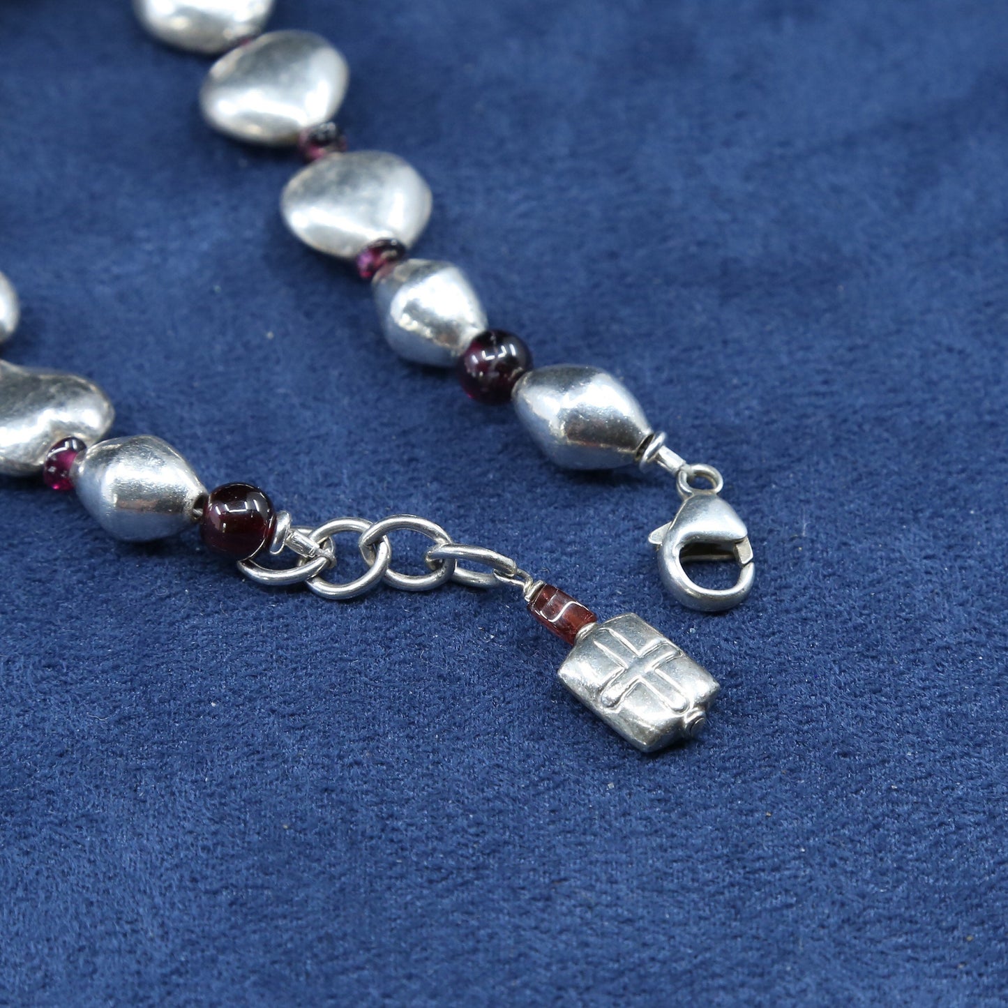 6.75", vtg Sterling silver handmade bracelet, 925 heart beads w/ cross charm