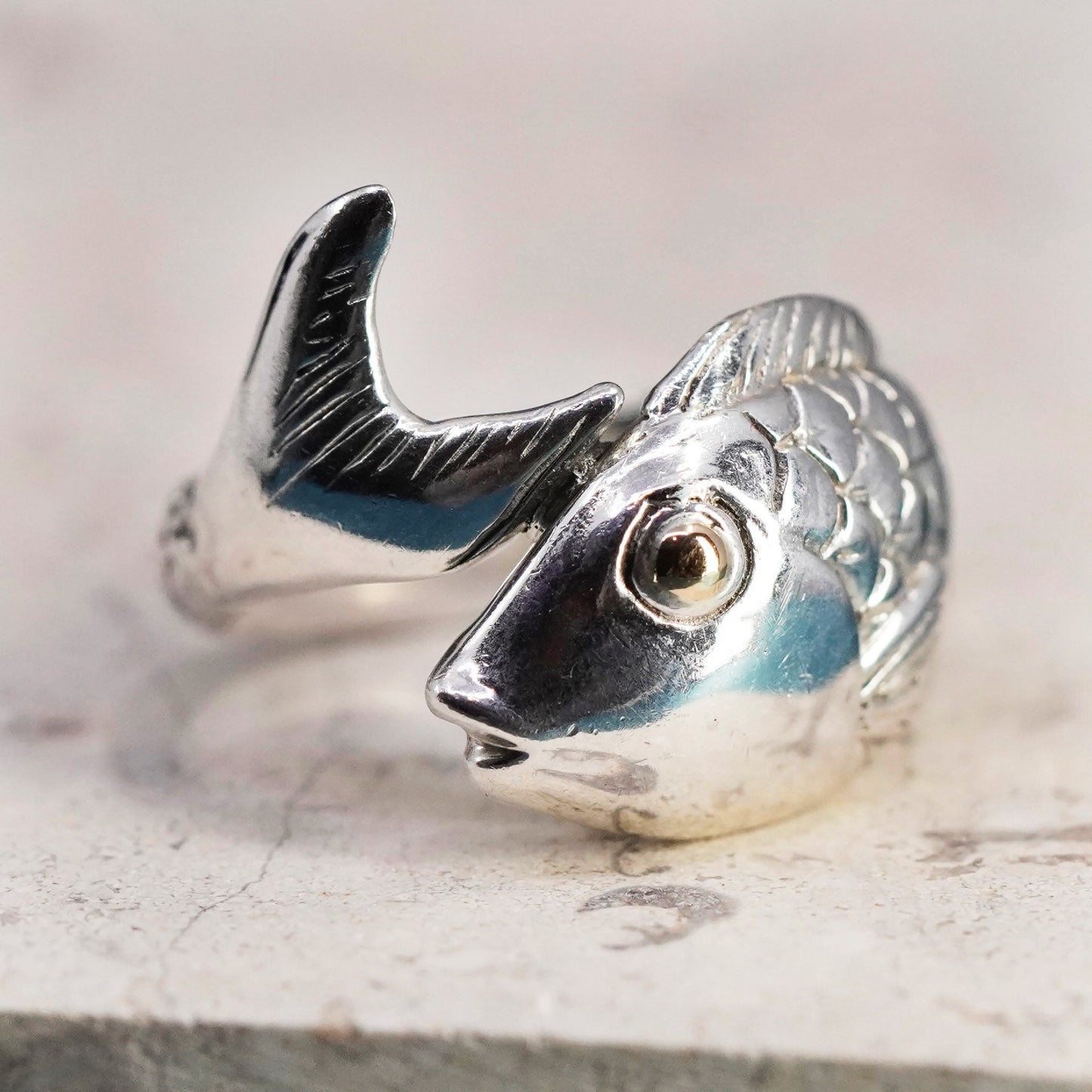 Size 7, vintage Samuel B. Sterling 925 Silver 18k Yellow Gold Fish band Ring