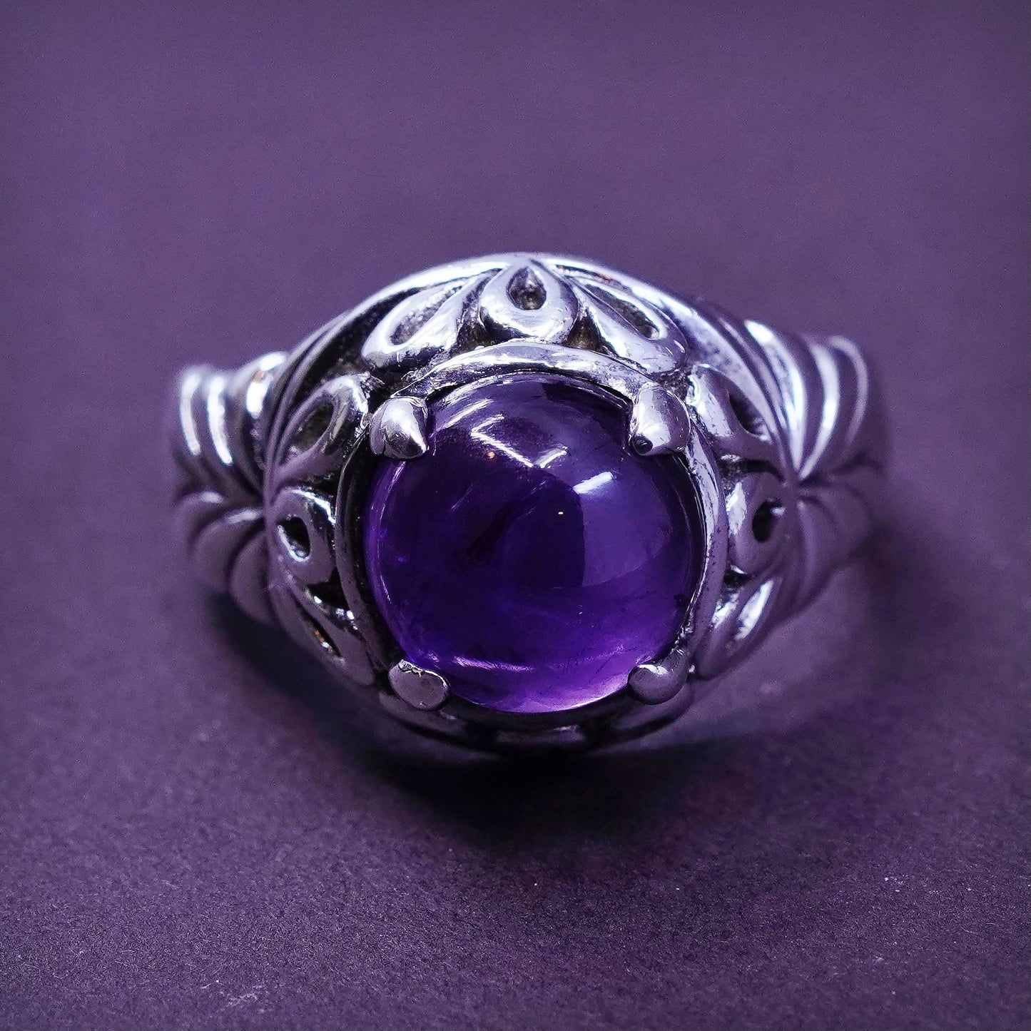 Size 8.25, vintage SLC filigree Sterling 925 silver handmade ring with amethyst
