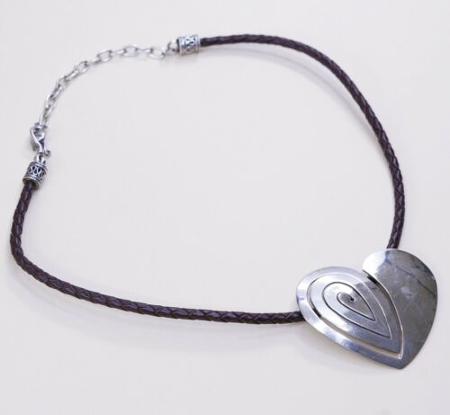 14+3” Vtg Sterling 925 Silver Heart Pendant Woven Leather Necklace Choker Collar