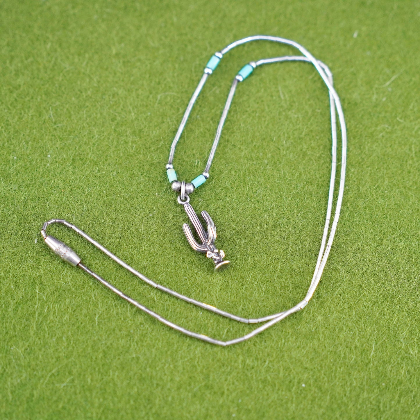 16”, Native American heishi Navajo Sterling necklace, 925 liquid silver cactus