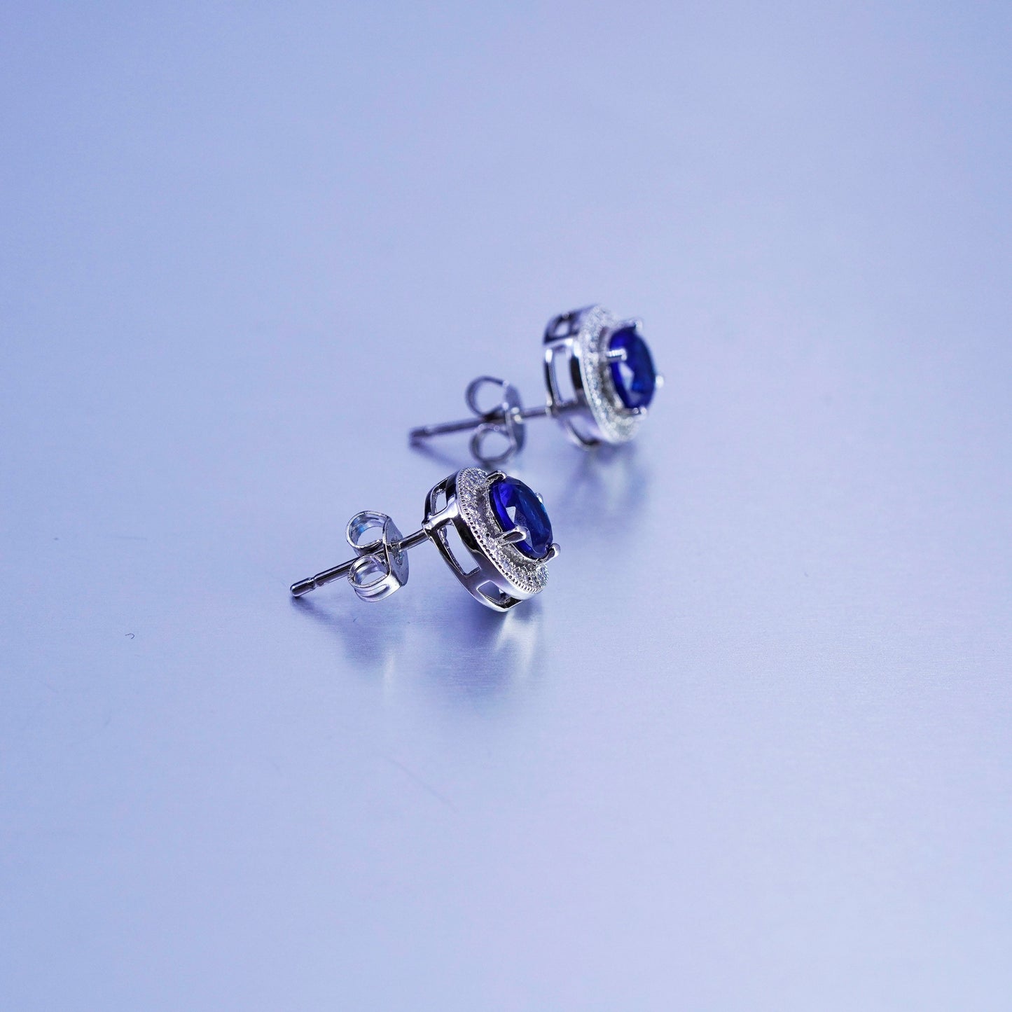 Vintage Sterling 925 silver earrings, studs with blue topaz and crystal around