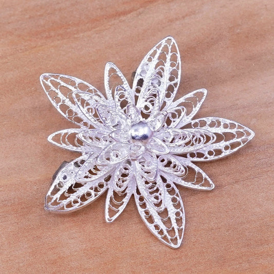 Vintage handmade sterling 925 silver filigree flower brooch