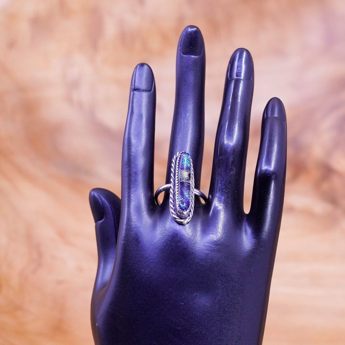 Size 9.25 Native American Navajo Ben Sterling 925 silver ring long foiled glass