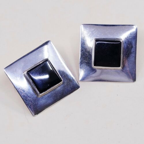 Vtg Mexico Square Sterling Silver Clip on Black Obsidian Earrings, Stamped 925