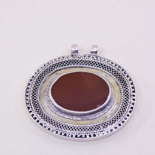 two tone sterling silver handmade pendant, huge 925 textured oval w/ carnelian