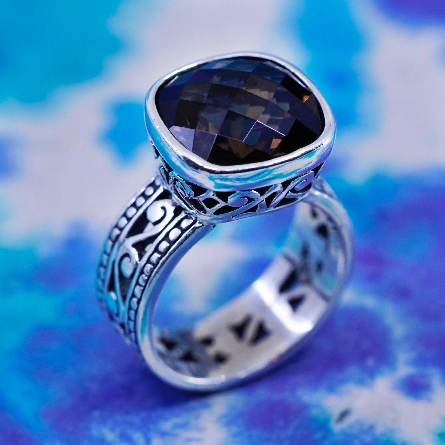 Size 6.5, vtg Brighton Sayan Sterling Silver Handmade filigree Ring smoky topaz