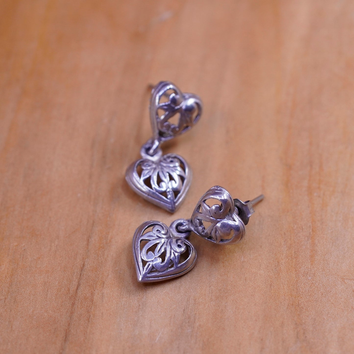 Vintage Sterling silver handmade earrings, 925 filigree heart drops