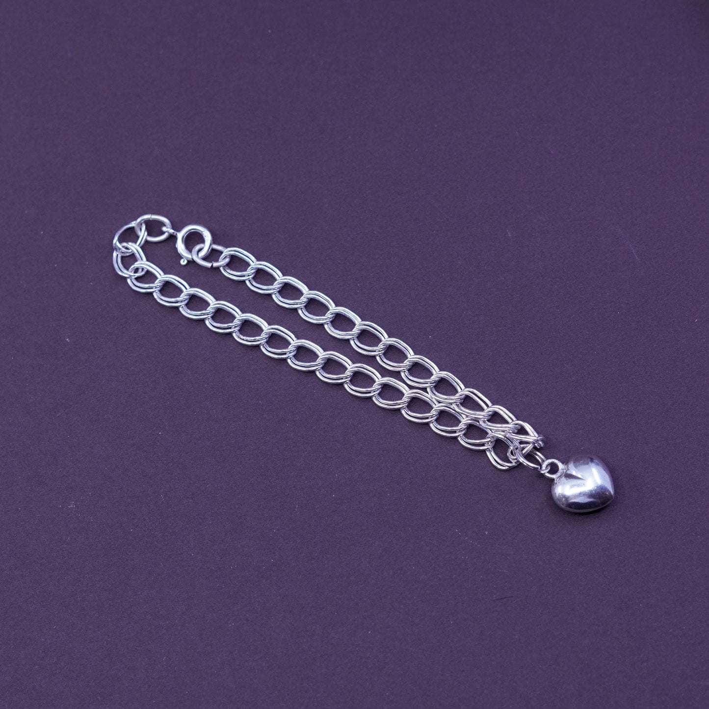 7”, vintage Sterling silver handmade double curb chain, 925 bracelet w/ hearts
