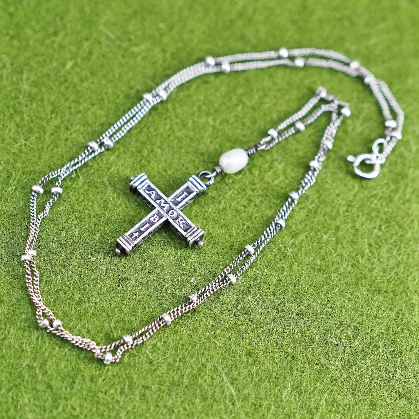 18”, Sterling 925 silver handmade beaded chain necklace with cross pendant