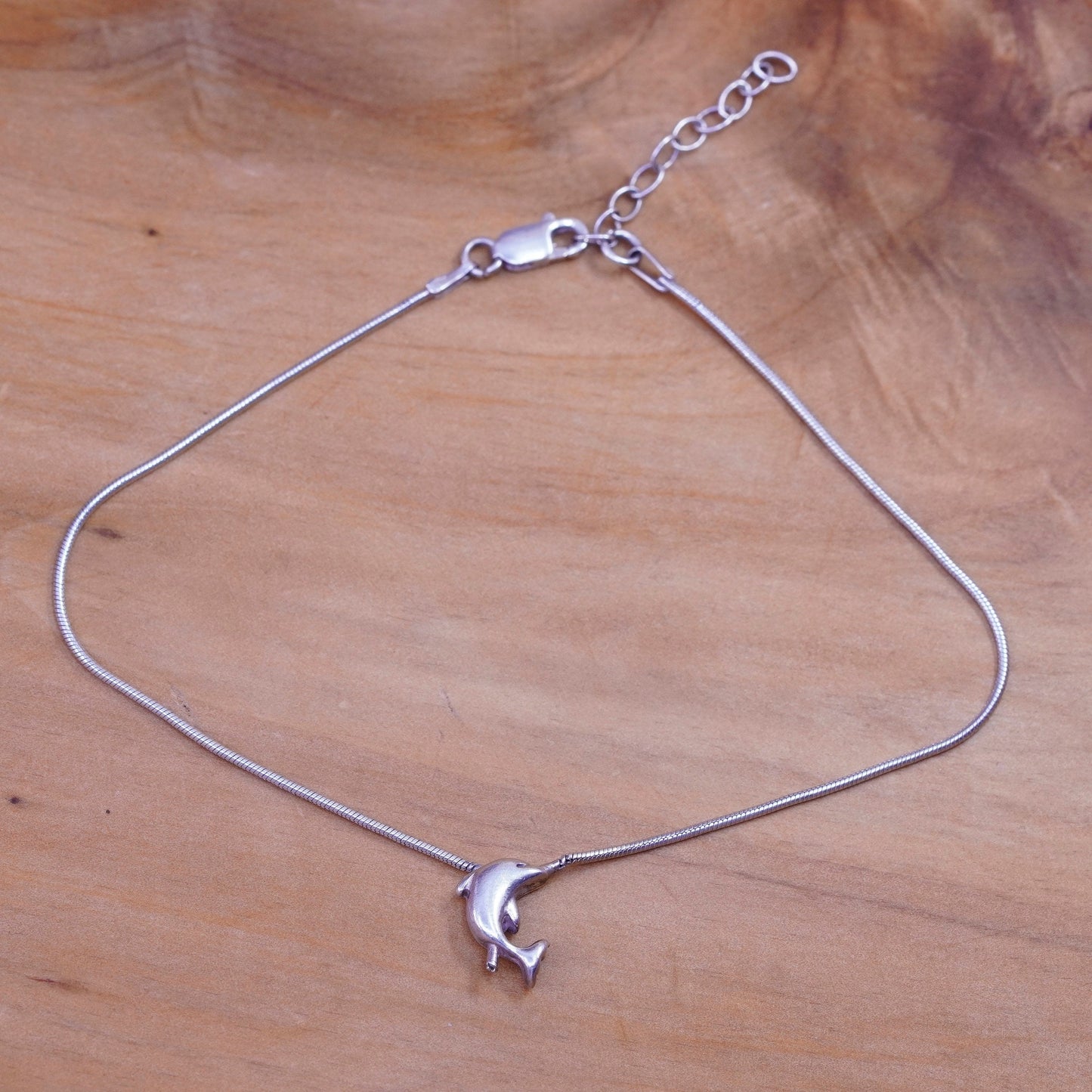 9”, vtg Sterling 925 silver handmade snake bracelet anklet with dolphin charm
