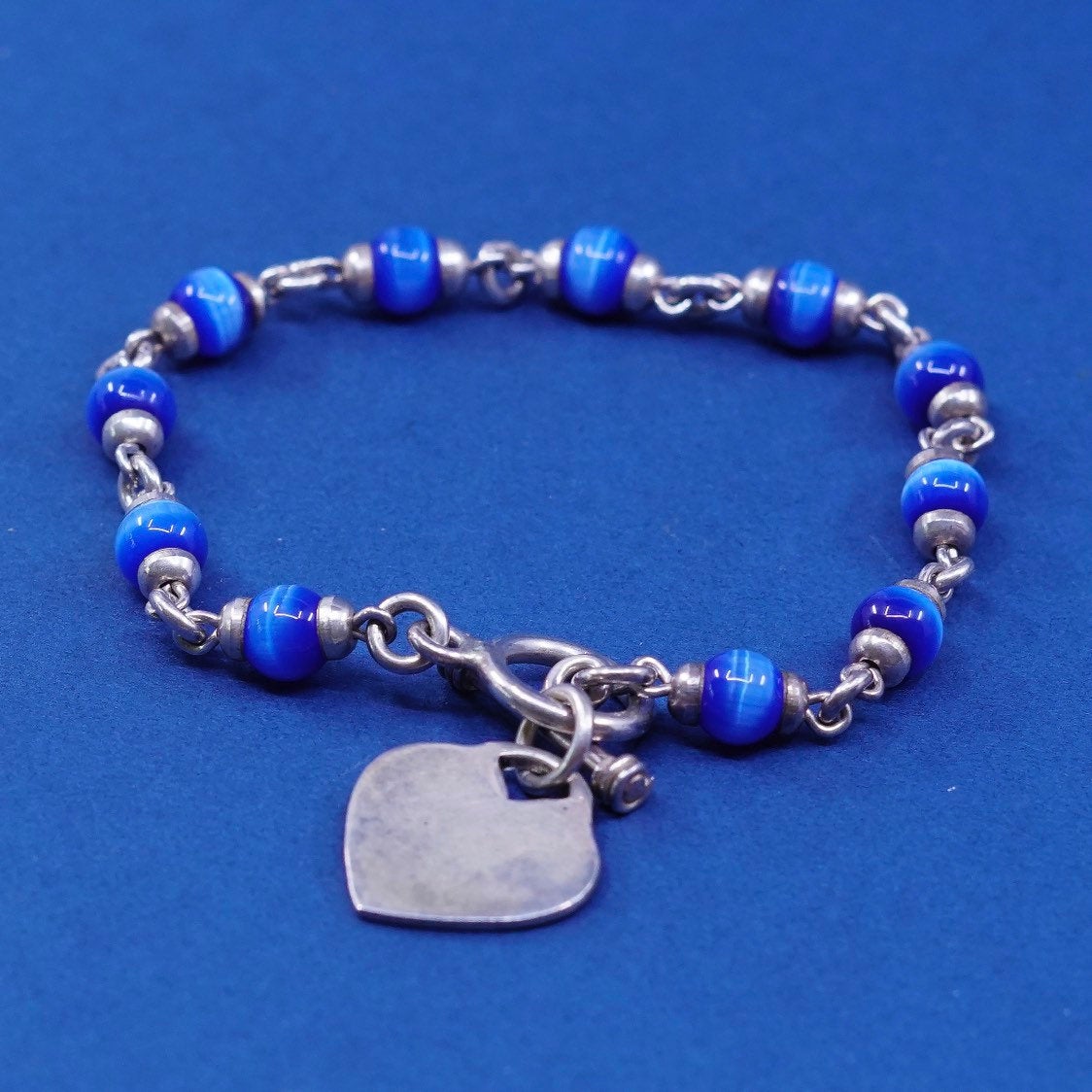 6.5", Sterling silver handmade bracelet, mexico 925 w/ blue tiger eye N heart