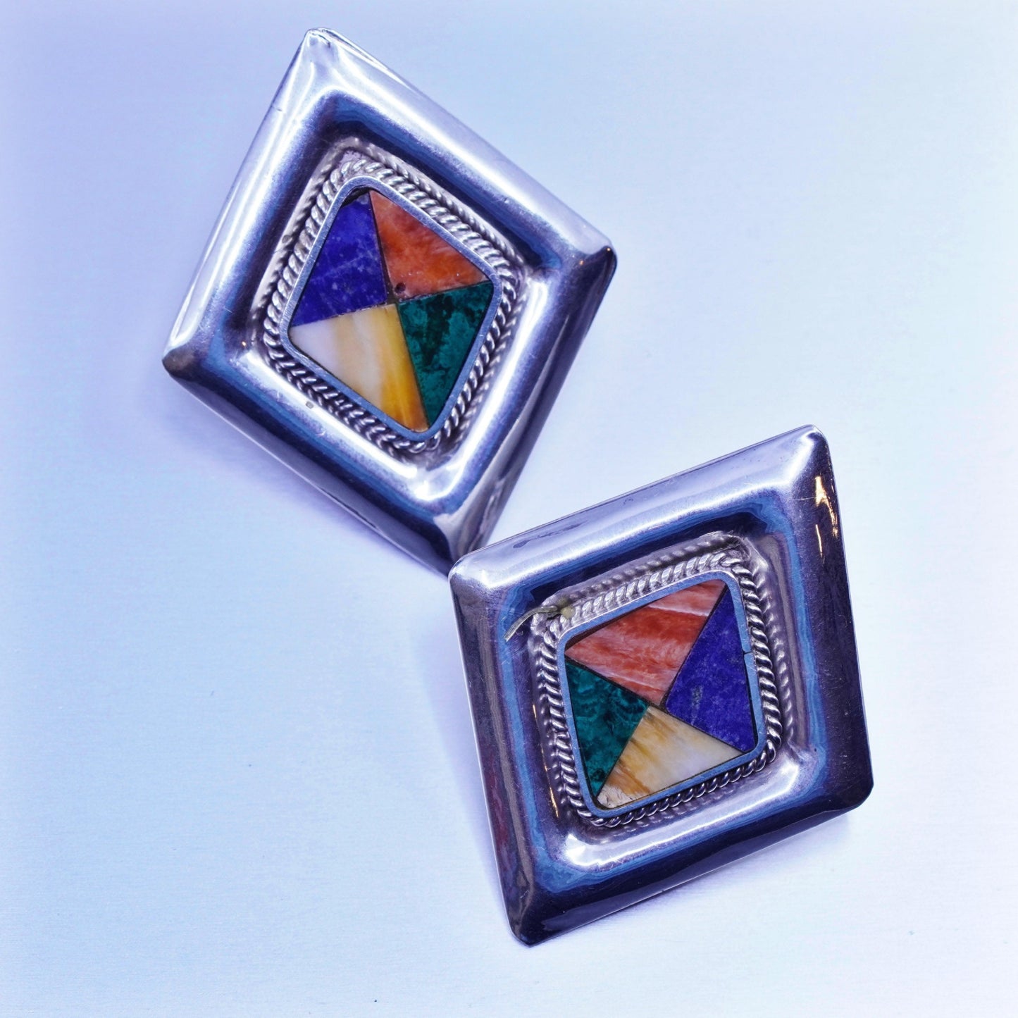 Mexico 925 silver handmade earrings, diamond clip on with malachite lapis agate