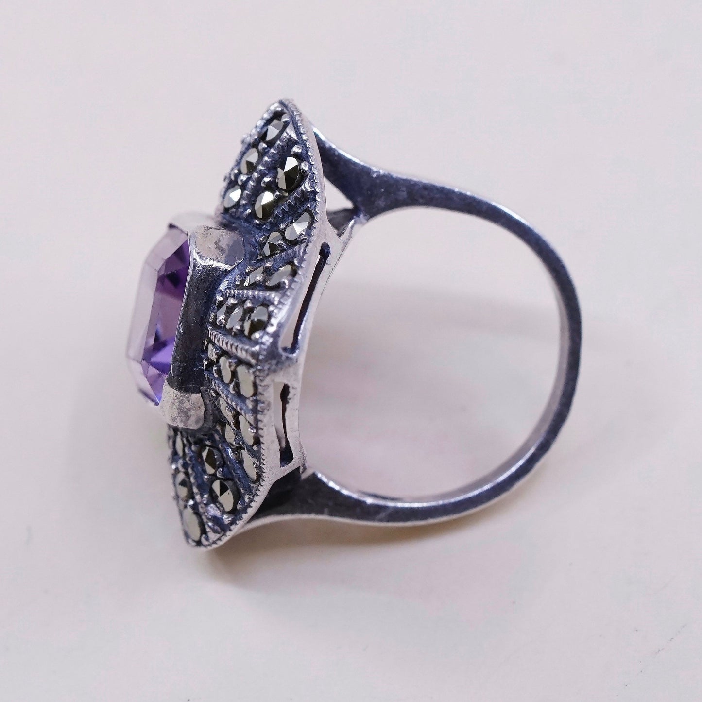 sz 6, VTG Judith Jack sterling 925 silver handmade ring w/ amethyst N marcasite