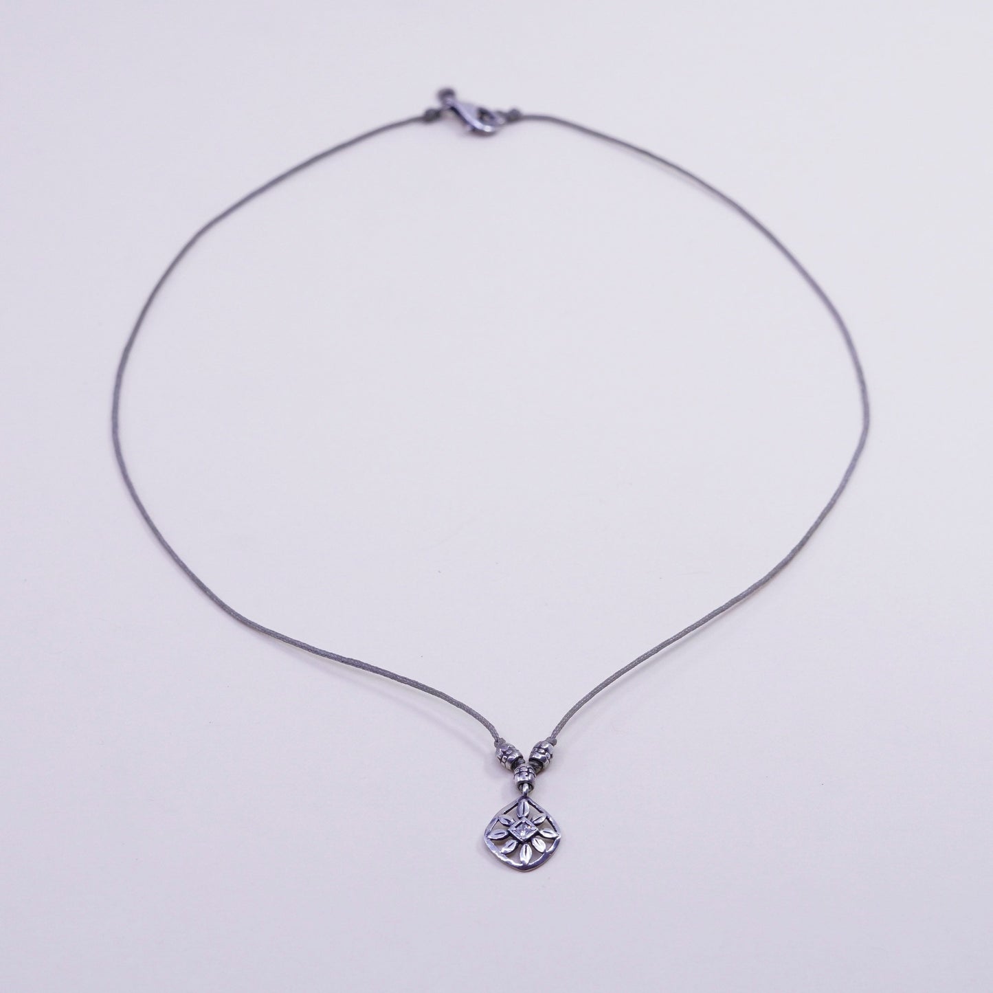 16”, Vintage linen necklace and Sterling 925 silver flower pendant