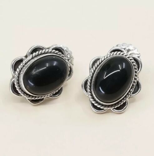 Vintage Sterling Silver Handmade Earrings, 925 Silver Studs W/ Obsidian N Cable