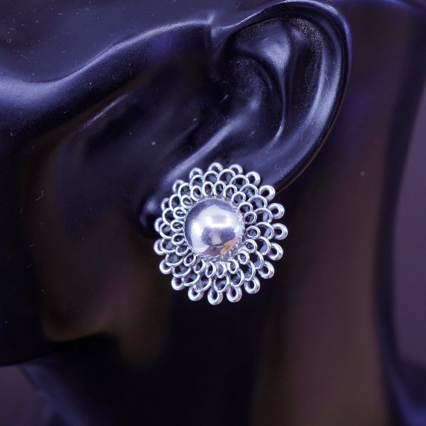 Vintage Sterling silver handmade screw back earrings, 925 flower