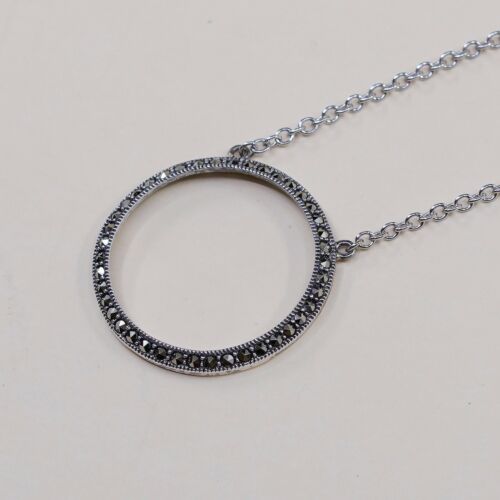 15”, Judith Jack 925 Sterling Silver Circle Chain Necklace W/ Marcasite Pendant