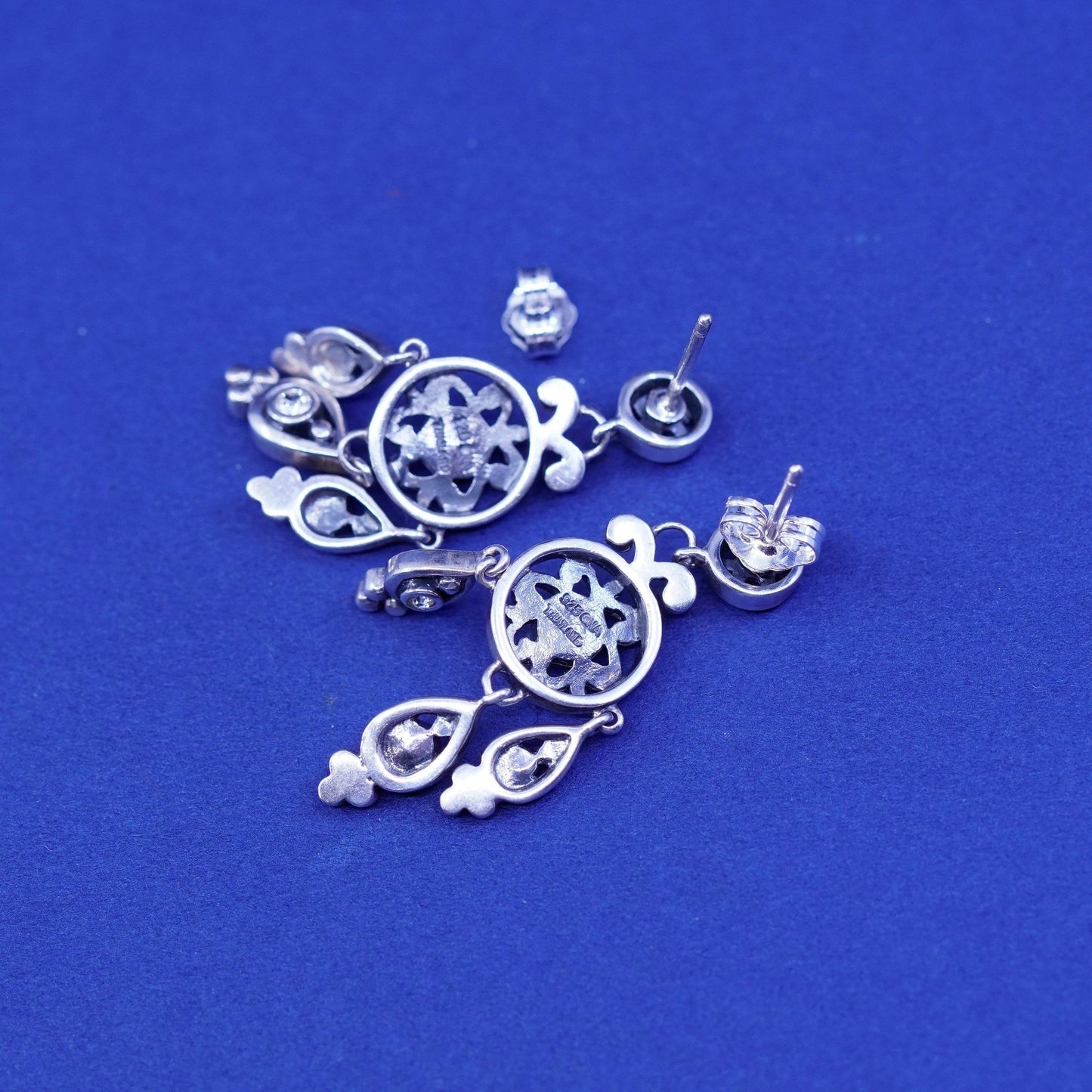Vintage CNA sterling silver earrings, 925 filigree Bali teardrop drop with Cz