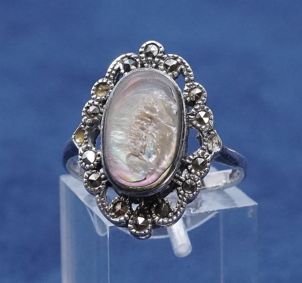 sz 9.25, sterling silver handmade ring, southwestern 925 w/ abalone N marcasite