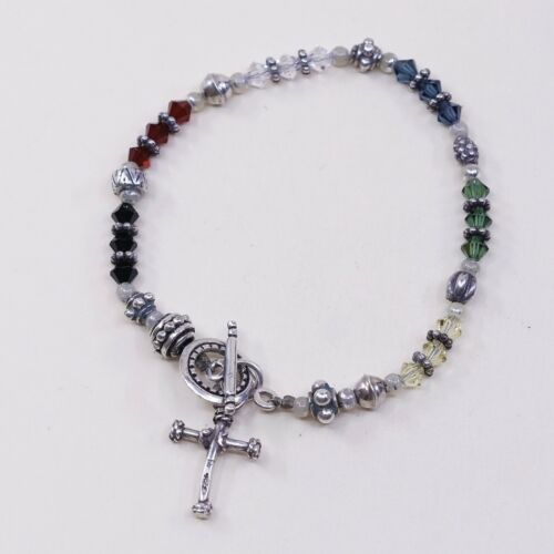 6.25”, Vtg Sterling 925 Silver Handmade bracelet W/ Crystal Beads N Cross Charm
