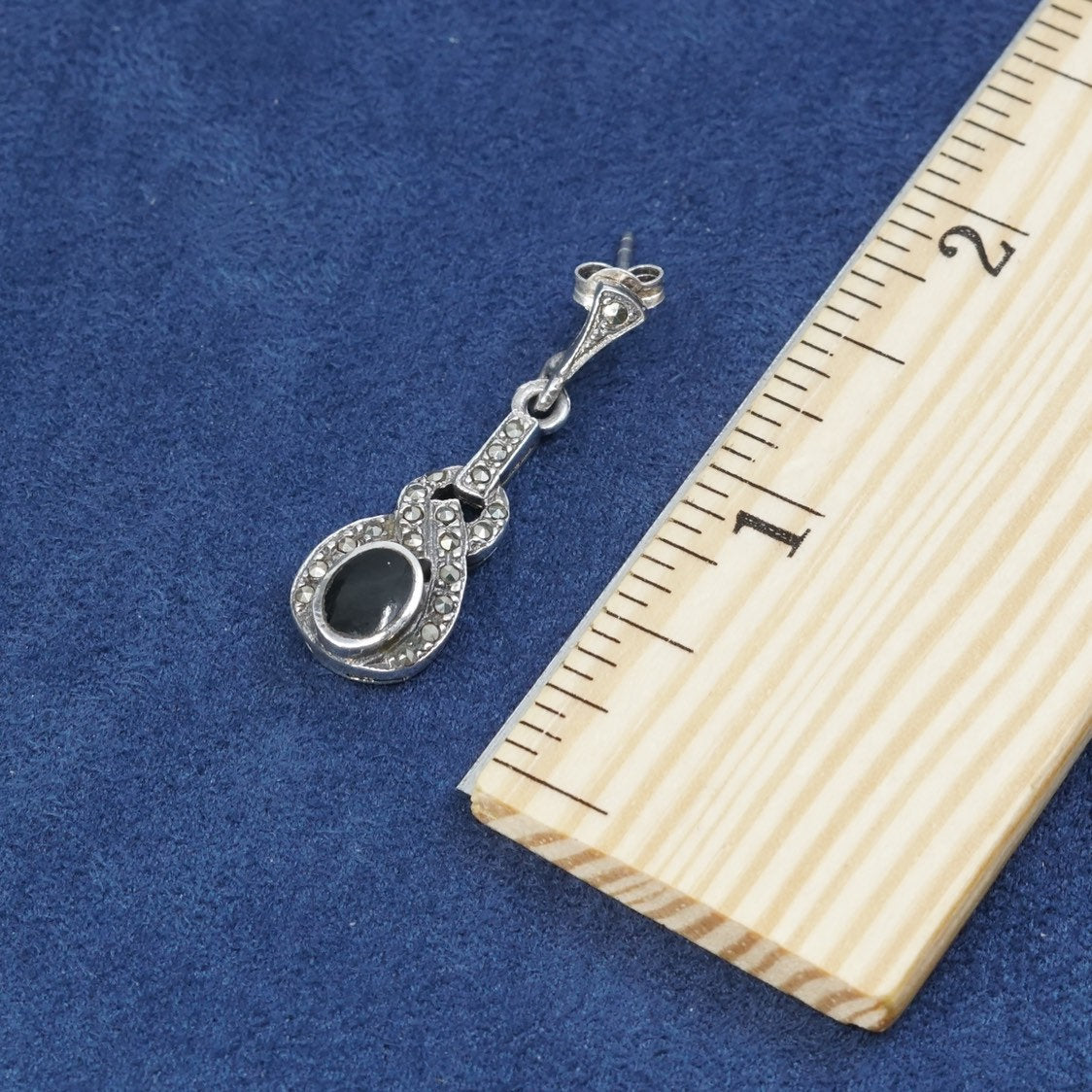 vtg sterling silver handmade earrings, 925 w/ oval obsidian N marcasite