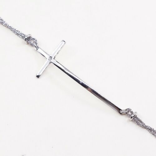 6.5”+1”, Vtg dyadema Sterling Silver Bracelet, 925 Fancy Chain W/ Cross N Cz
