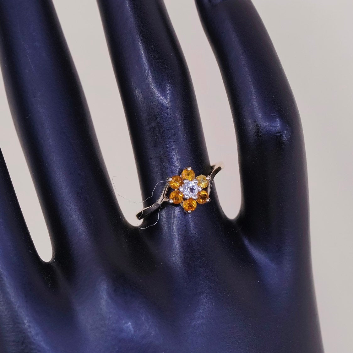 sz 7, Vermeil gold sterling silver citrine ring, 925 flower engagement ring