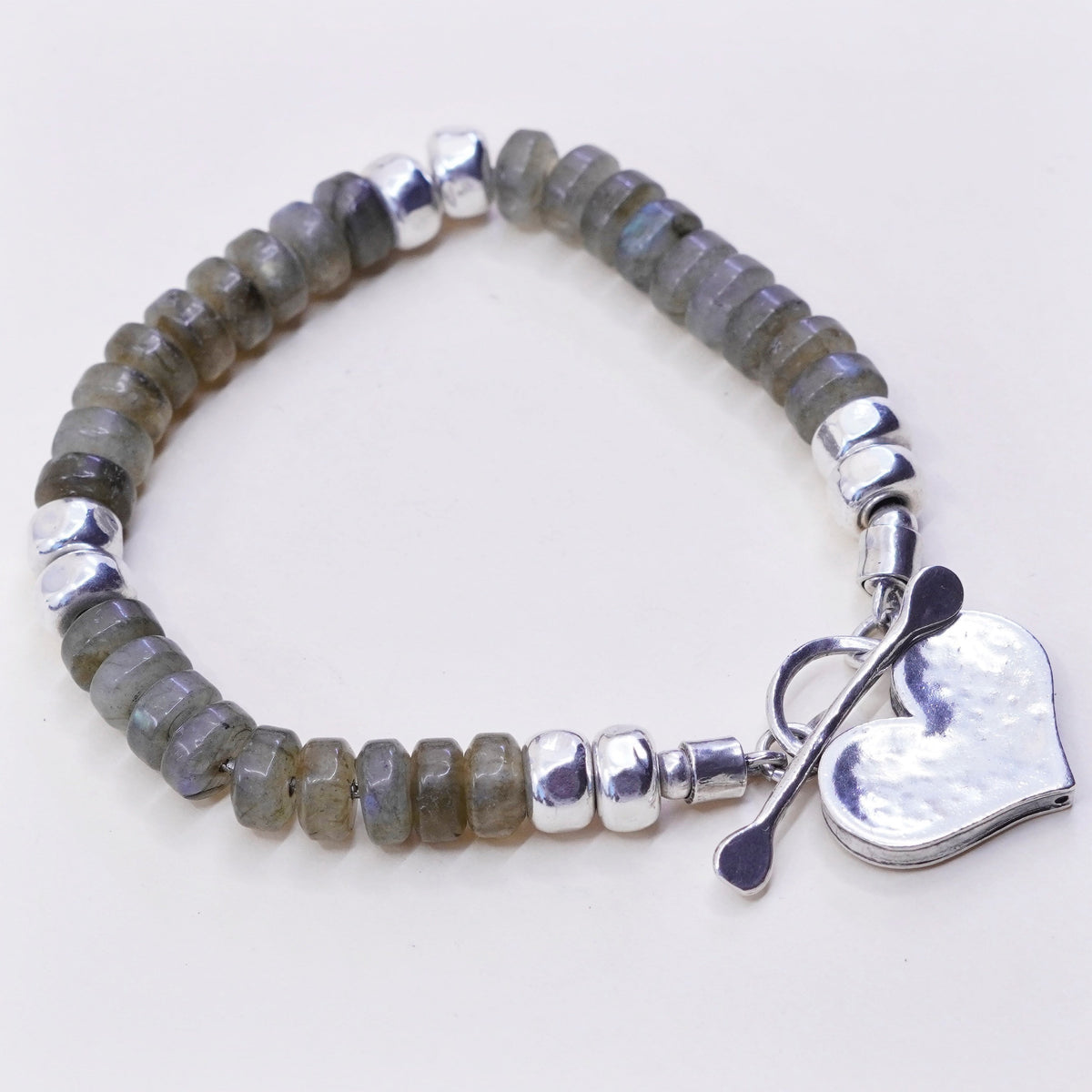 7”, Israel Shablool Didae sterling 925 silver bracelet labradorite beads heart
