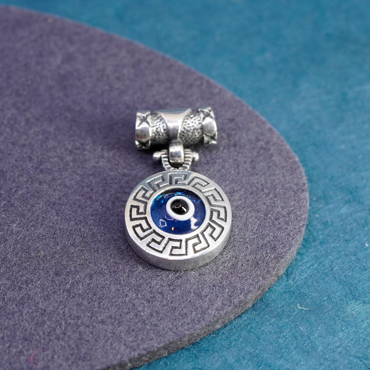 Vintage Sterling 925 silver handmade blue glass evil eye slide pendant charm