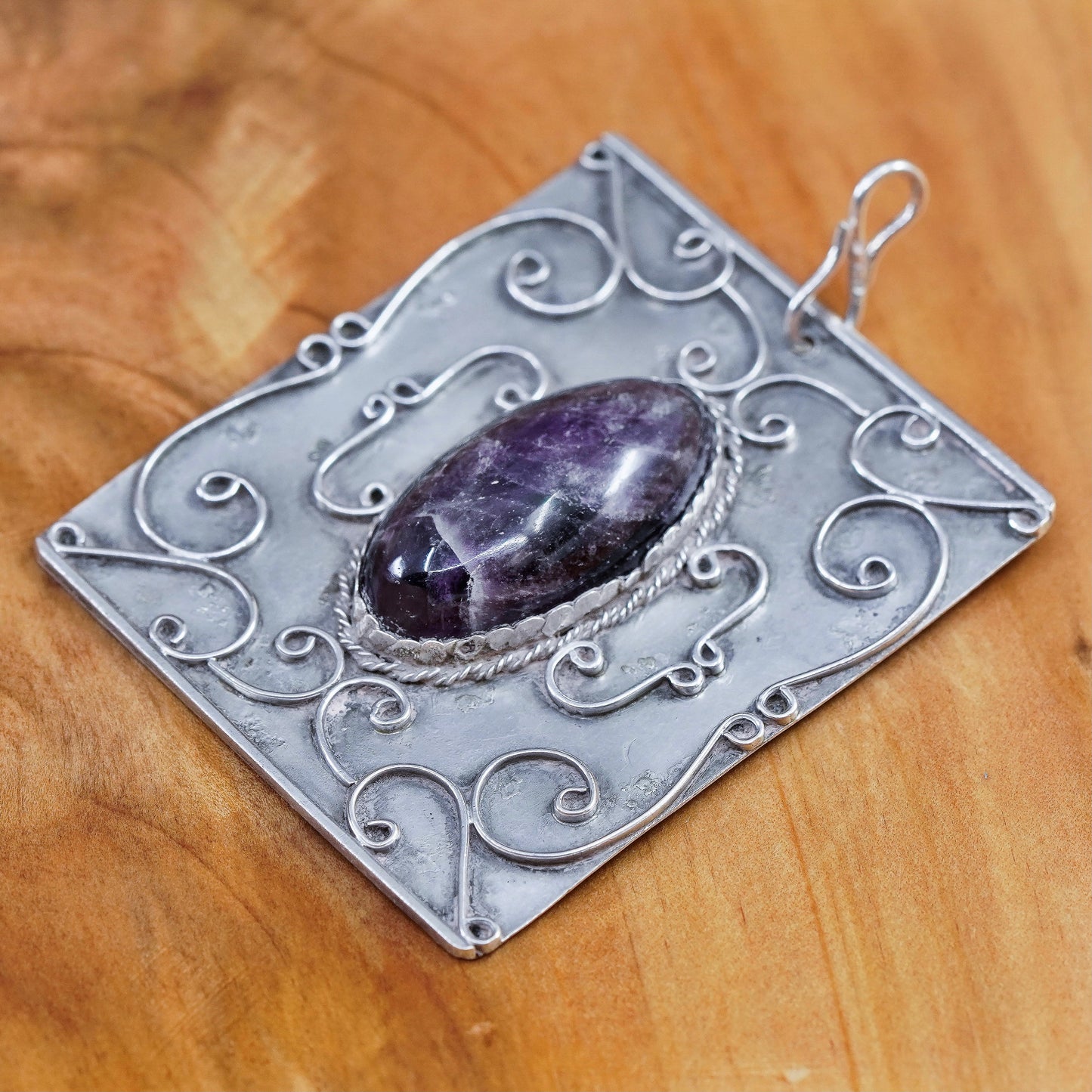 Vintage taxco Sterling silver handmade pendant, 980 charm oval amethyst cable